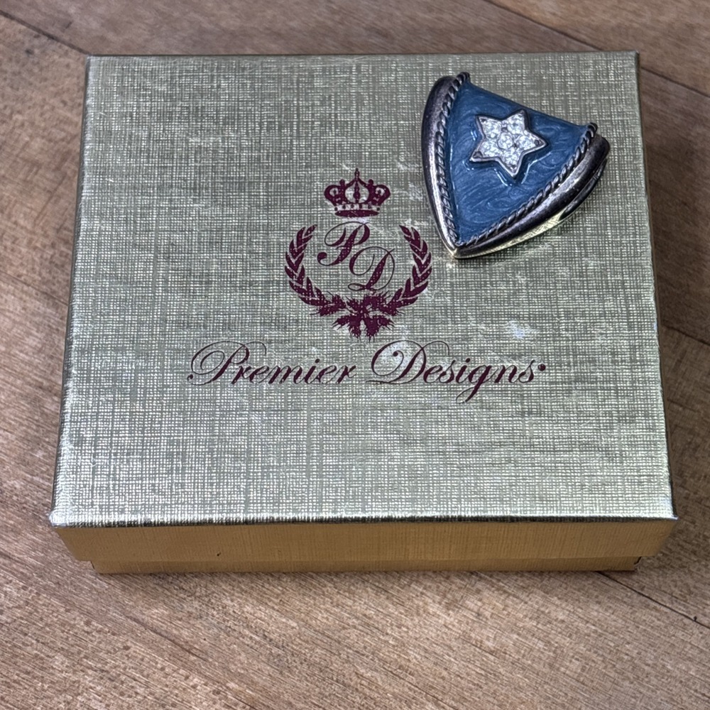 Vintage Premier Designs Blue Enamel Crystal Star Silver Tone Slider Pendant Box